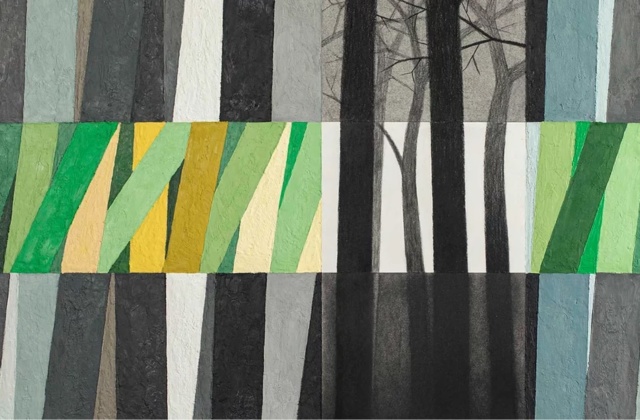 Forêt Seule, Pierre noire et fusain sur papier & paraffine et pigment sur bois © Fabrice Nesta